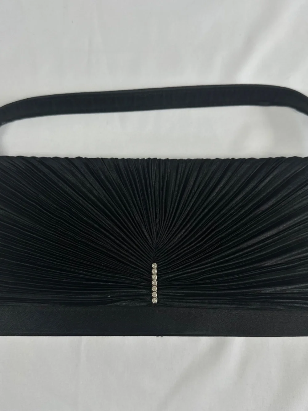 Black Evening Bag Ruching and Jeweled Embellishment Magnetic Snap Short Strap
